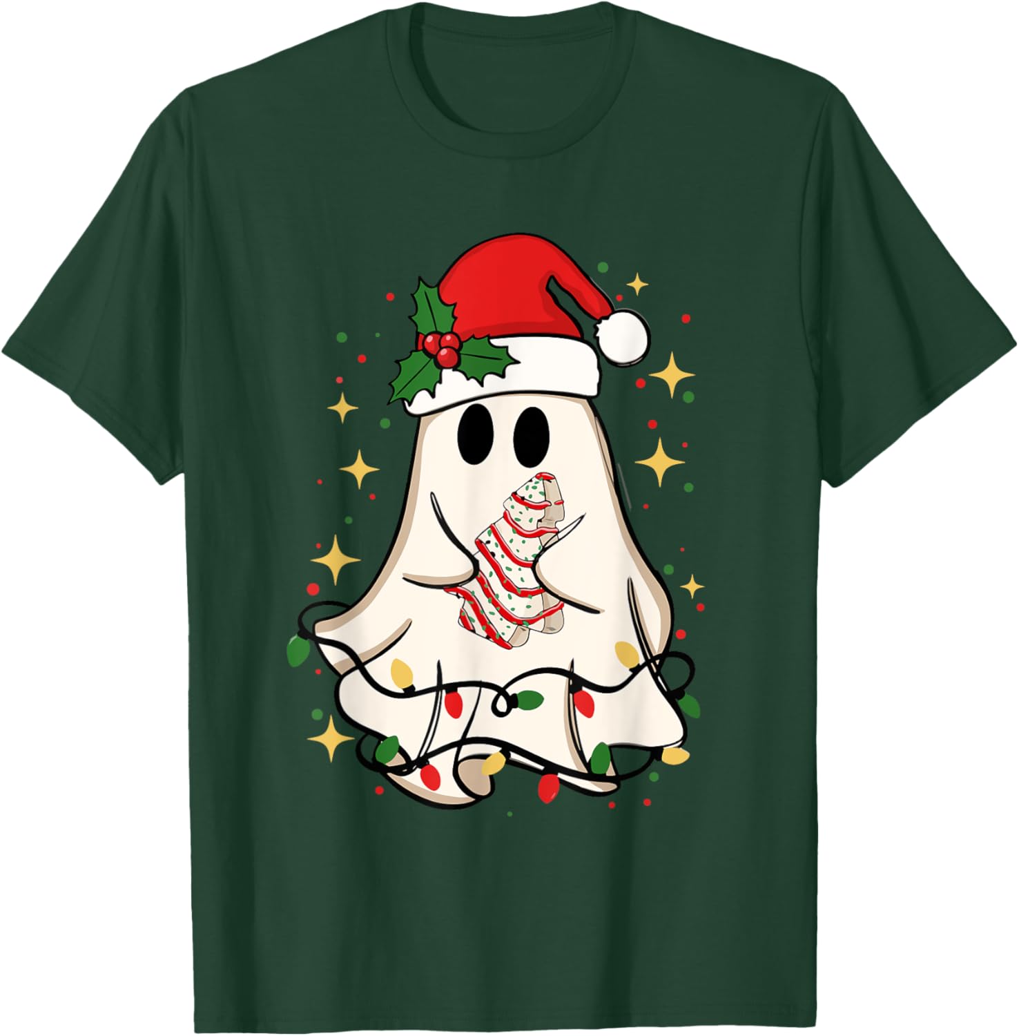 Cute Ghost Lights Tree Cake Merry Christmas Funny Xmas T-Shirt - T-Shirt | Forest