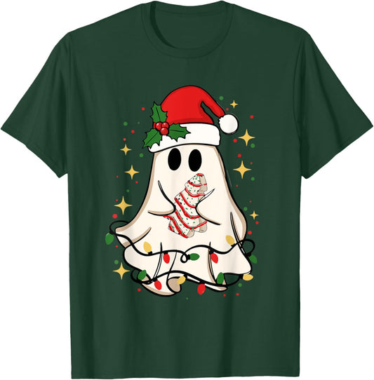 Cute Ghost Lights Tree Cake Merry Christmas Funny Xmas T-Shirt - T-Shirt | Forest