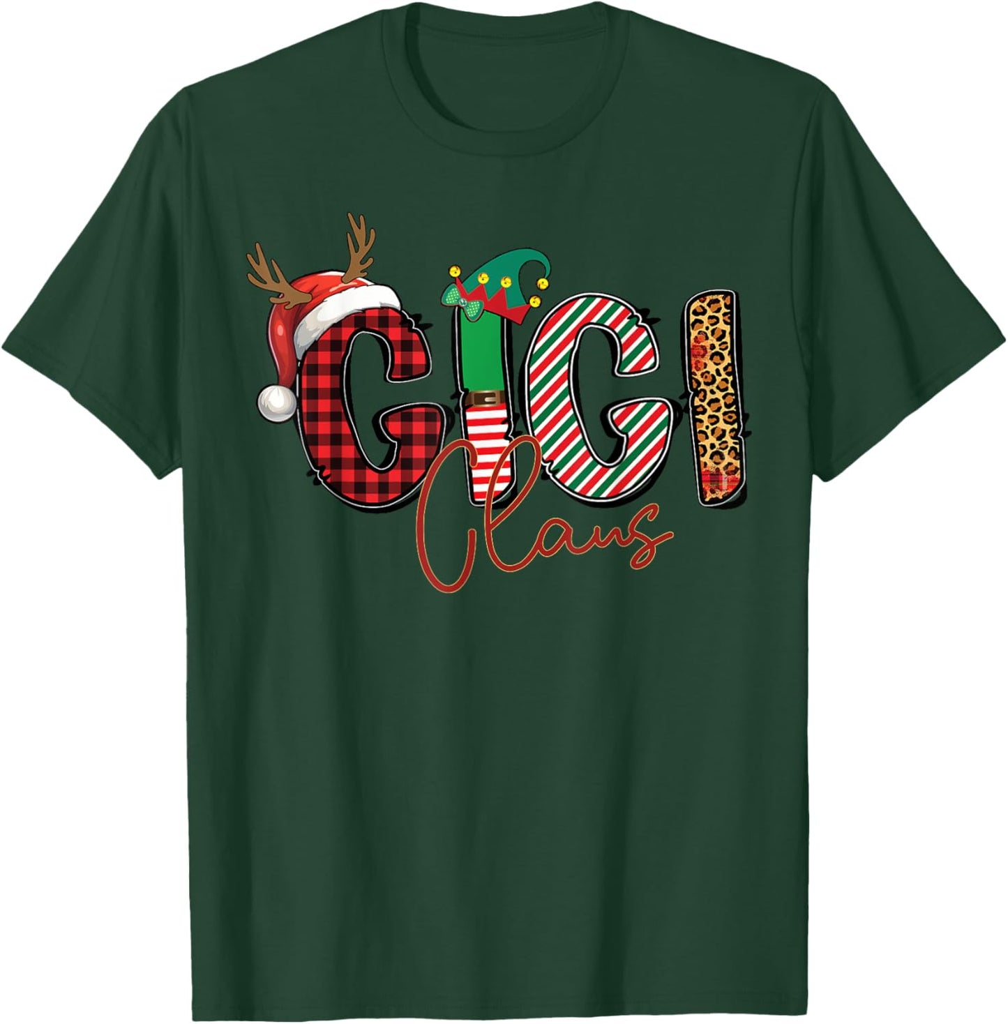 Gigi Claus Santa Hat Reindeer Leopard Plaid Matching Family T-Shirt - T-Shirt | Forest