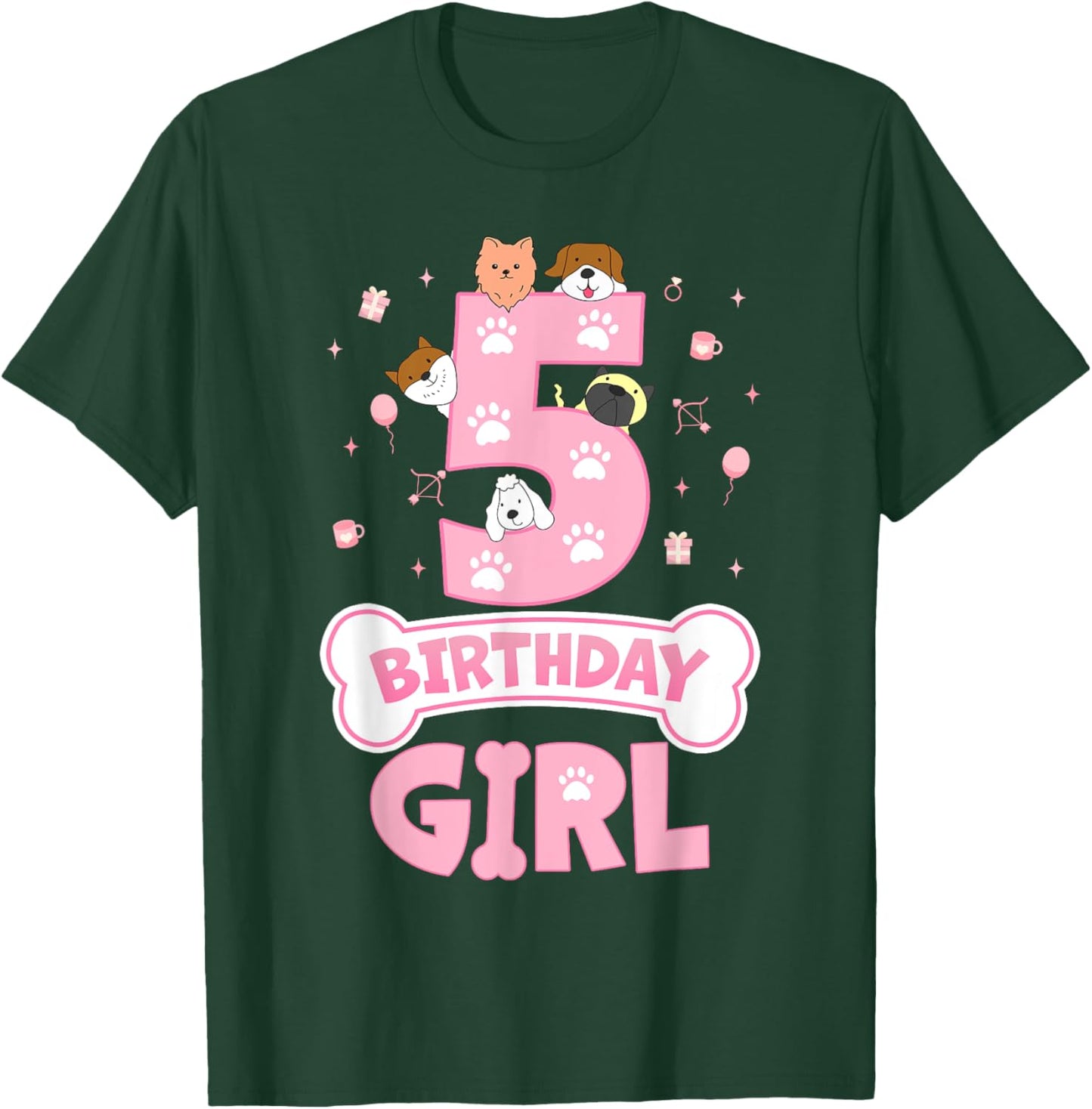 5th Birthday Girl Dog Themed Party 5 Year Old Girl Dog Lover T-Shirt - T-Shirt | Forest