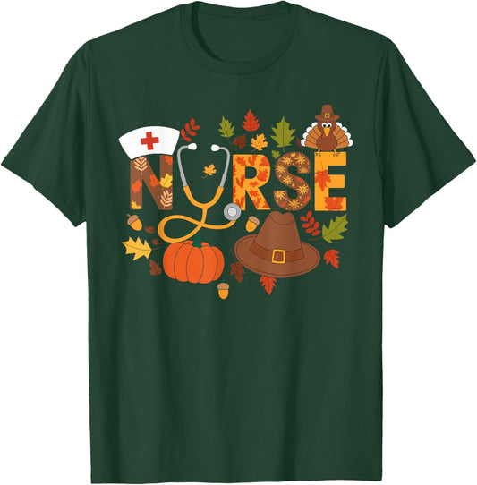 Nurse Thanksgiving Nurse Apparel -Adults Black Small Modern U-Neck Short Sleeve Thanksgiving Nurse T-Shirt - T-Shirt | Forest