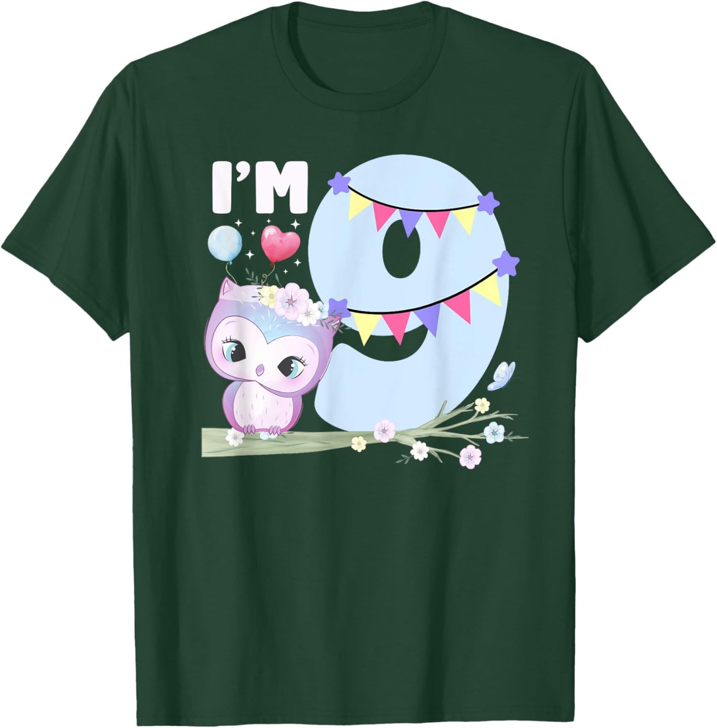 9th Owl Birthday Party Nine Year Old Girl Owl Birthday T-Shirt - T-Shirt | Forest