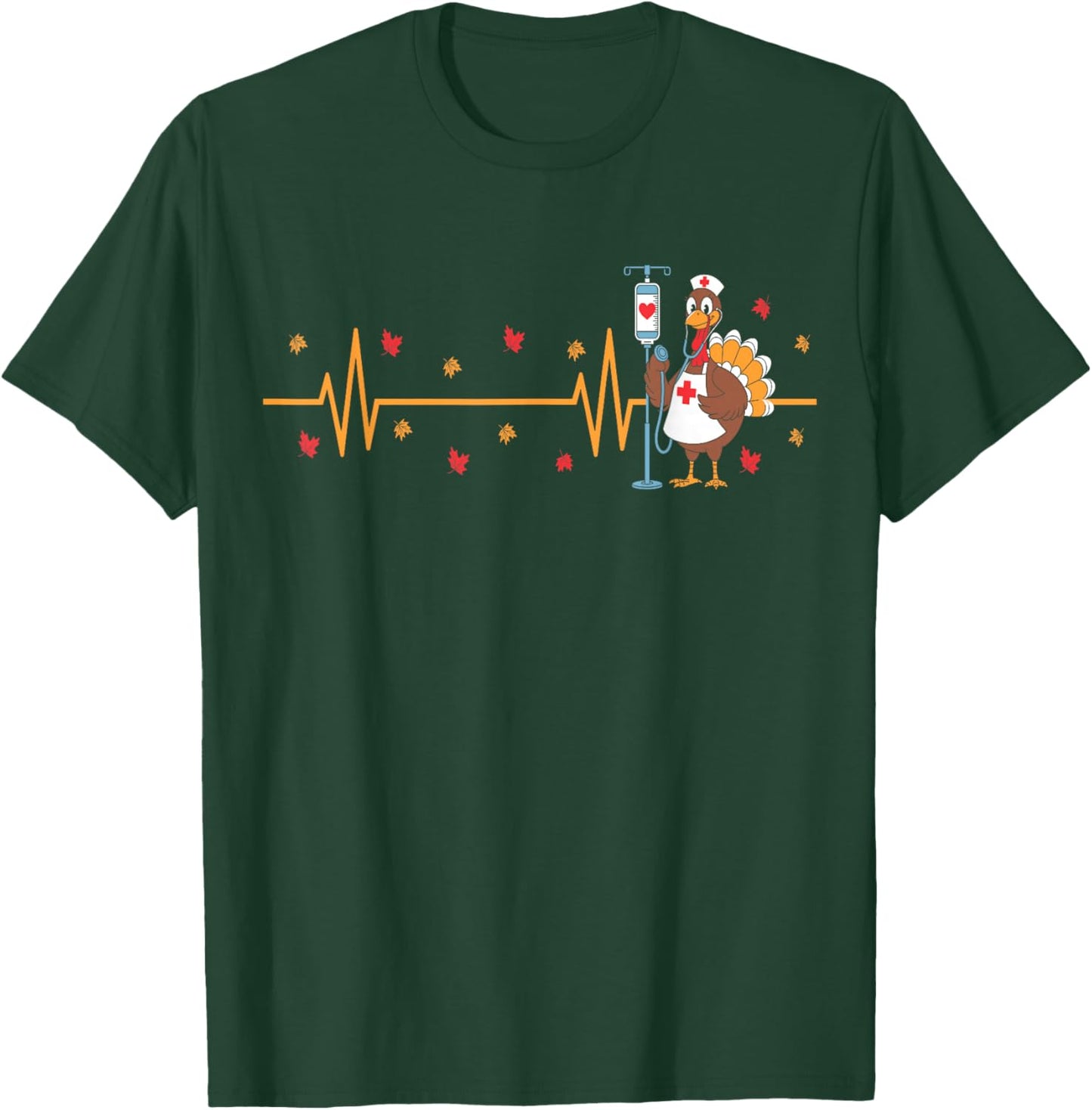 Funny Thanksgiving Turkey Nurse Heartbeat Fall Nurse T-Shirt - T-Shirt | Forest