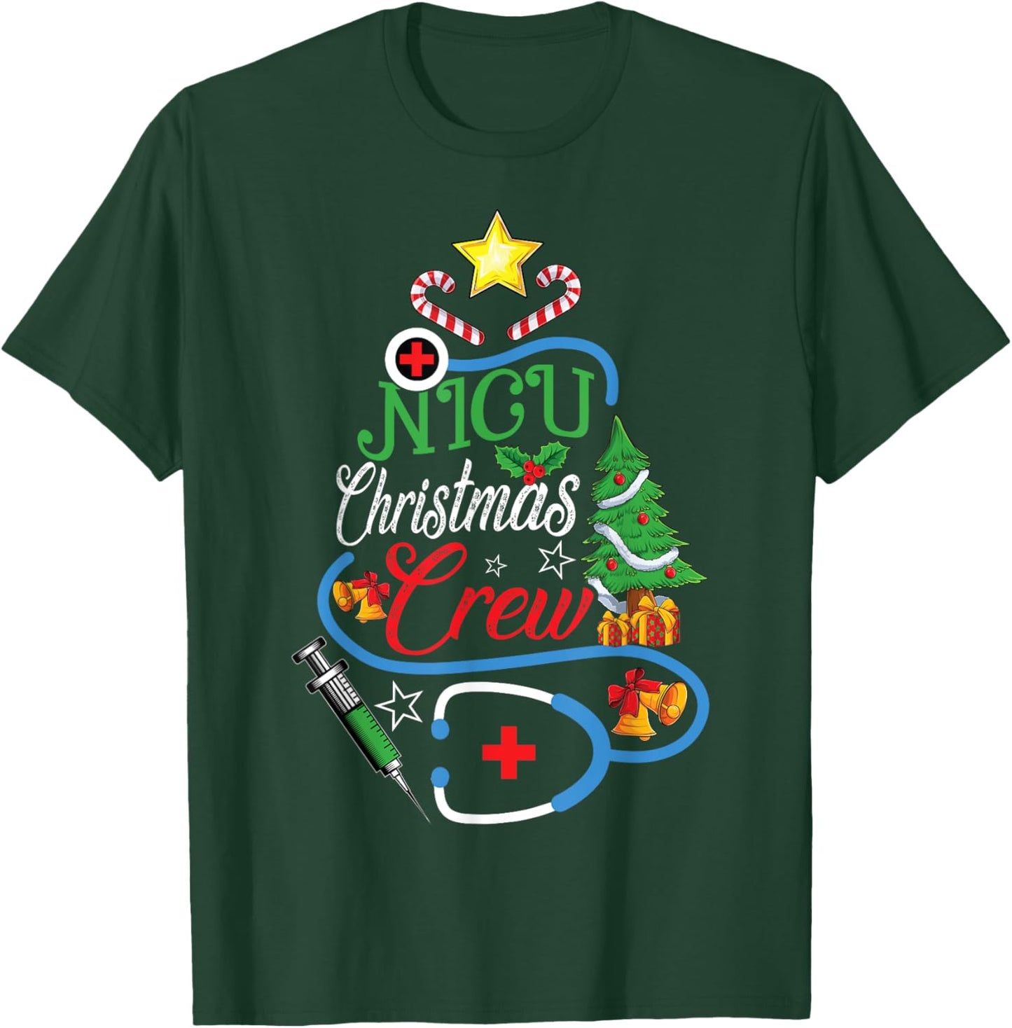 NICU Christmas Crew Stethoscope Neonatal Nursing Xmas T-Shirt - T-Shirt | Forest