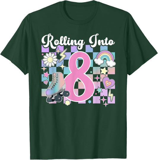 8th Birthday Roller Skate Eight Year Old Roller Skating Girl T-Shirt - T-Shirt | Forest