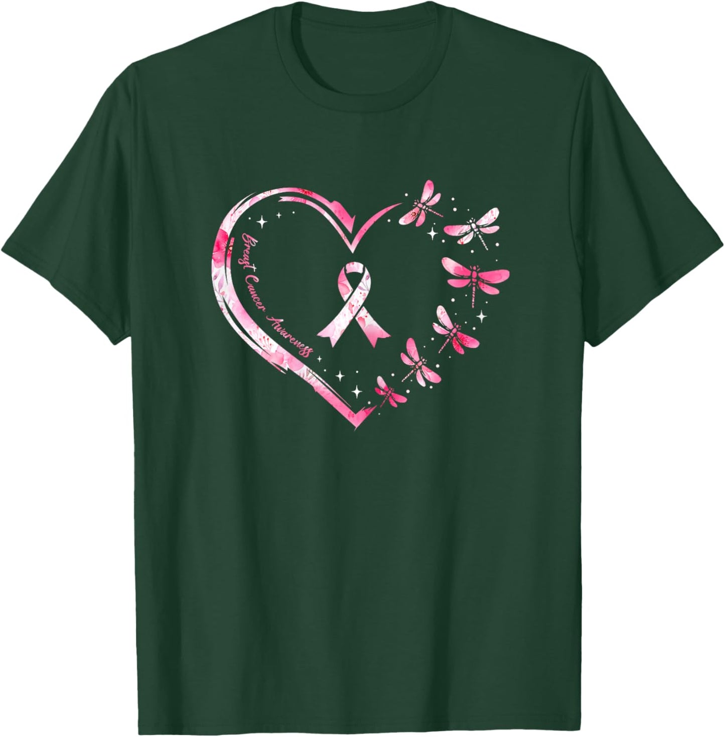 Breast Cancer Heart Dragonflies Awareness Women Kids Men T-Shirt - T-Shirt | Forest