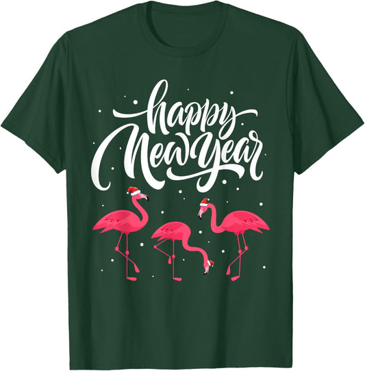 Happy New Year Cute Flamingo Santa Hat Funny Pajama T-Shirt - T-Shirt | Forest