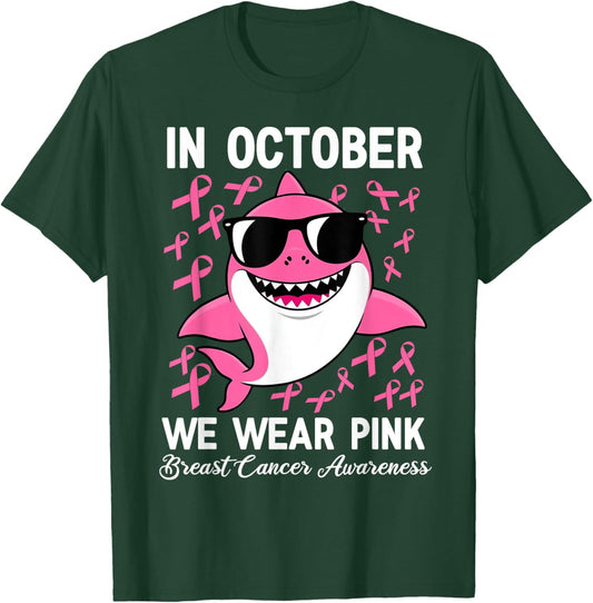 In October We Wear Pink Shark Breast Cancer Awareness Ribbon T-Shirt - T-Shirt | Forest