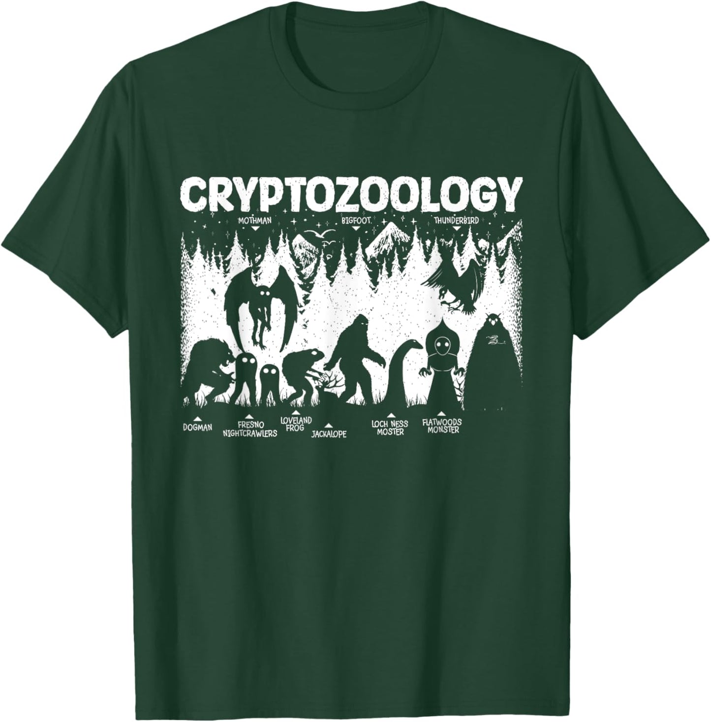 Cryptozoology Cryptid Bigfoot Mothman Dogman Other Monsters T-Shirt - T-Shirt | Forest
