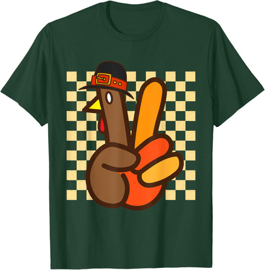 Cool Peace Sign Turkey Hand Thanksgiving Hippie Men Women T-Shirt - T-Shirt | Forest