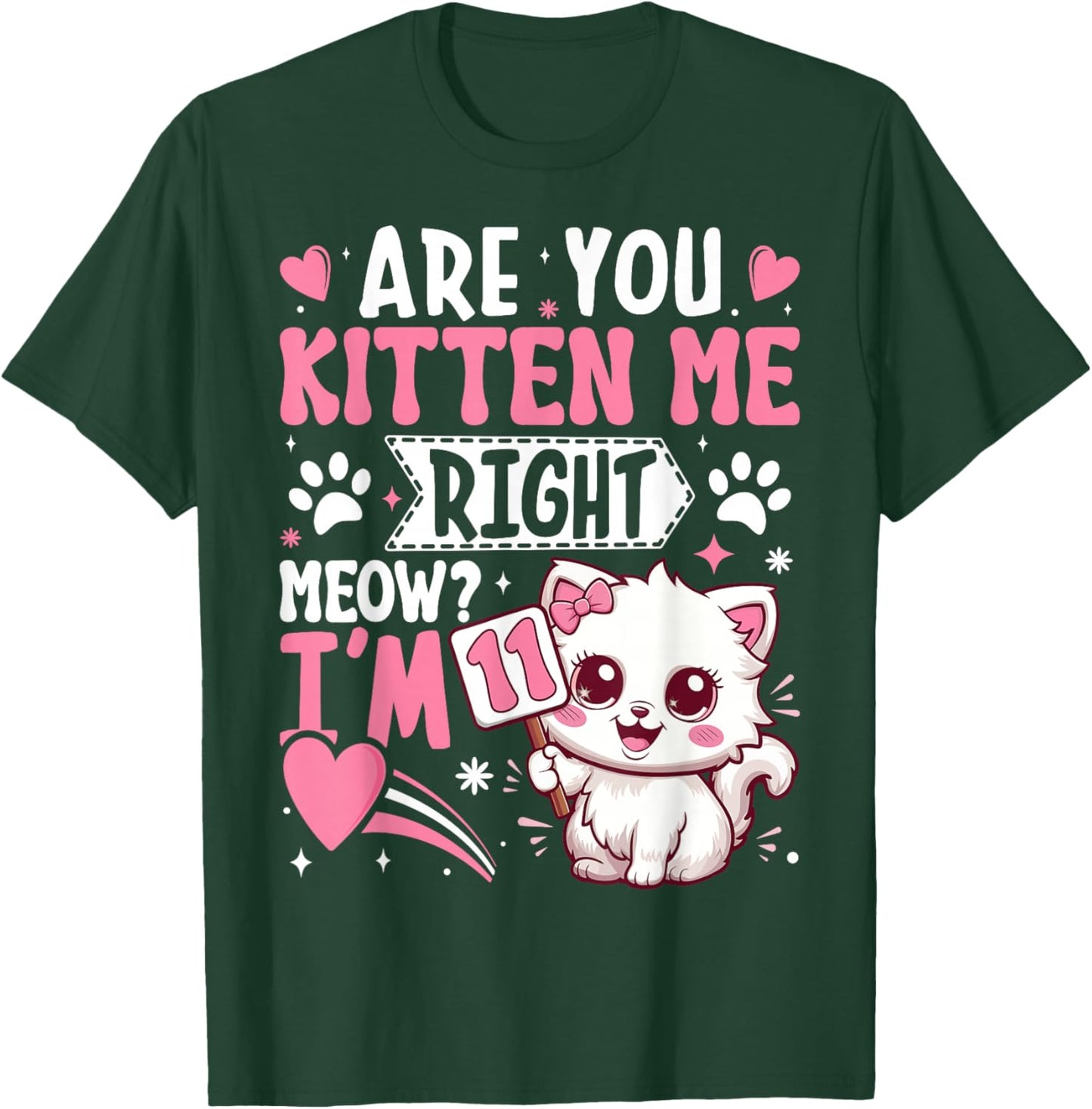 11th Birthday Shirt Girl 11 Year Old Kitten Cat Happy Bday T-Shirt - T-Shirt | Forest