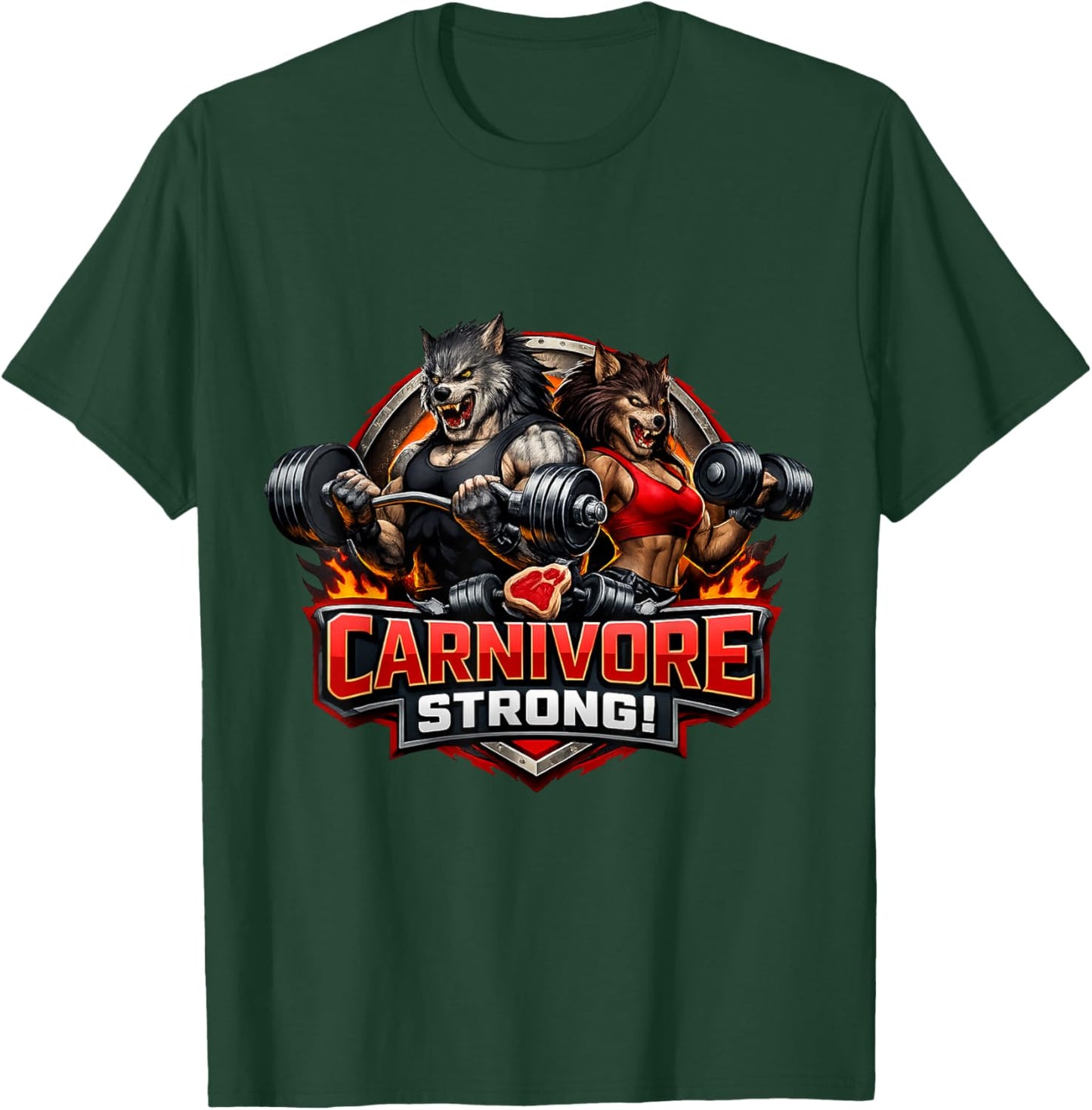 Carnivore Strong! Male and Female Werewolf Workout T-Shirt - T-Shirt | Forest