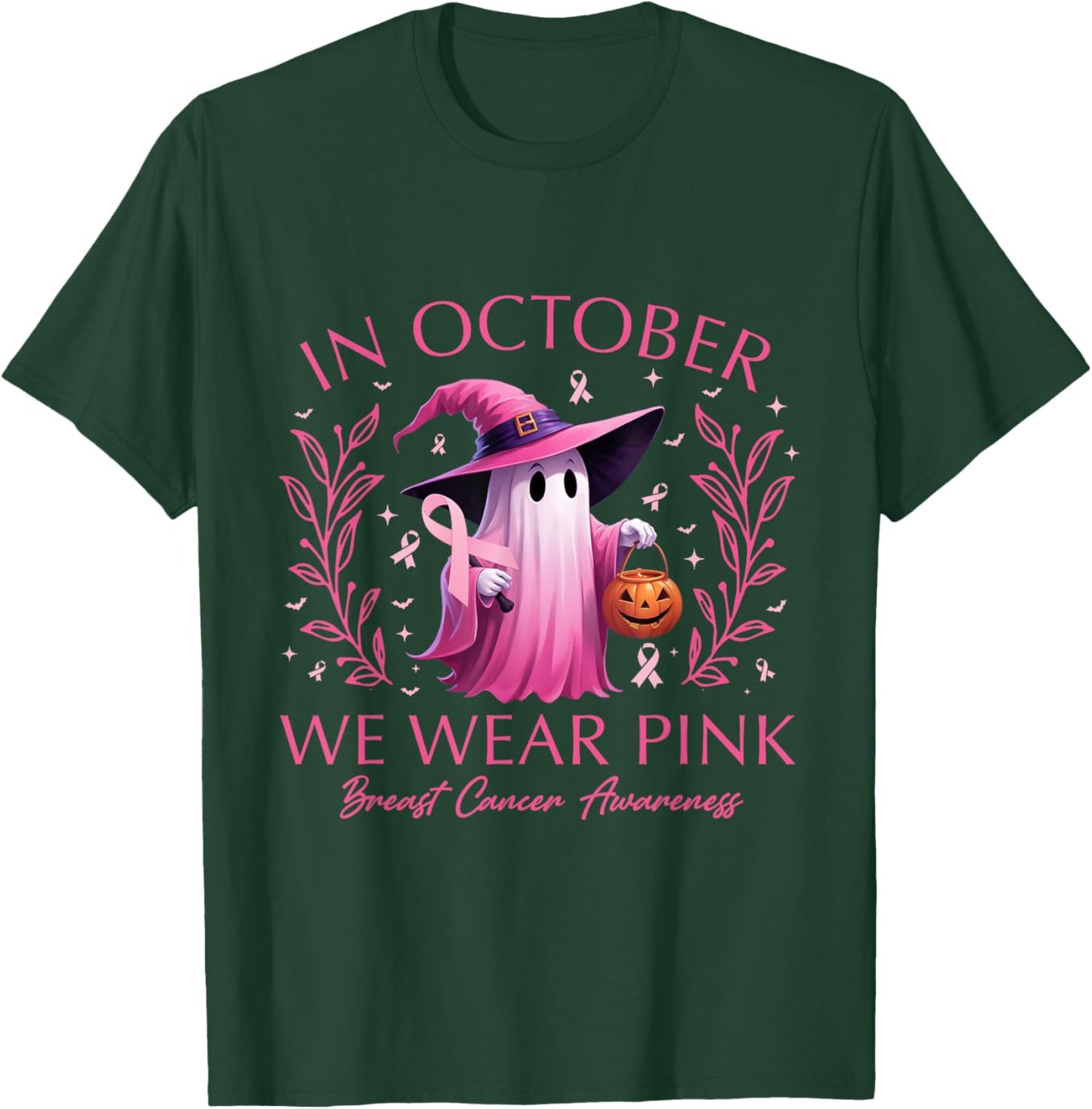 In October We Wear Pink Ghost Witch Breast Cancer Awareness T-Shirt - T-Shirt | Forest