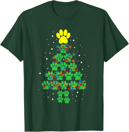 Paw Print Merry Christmas Tree Lights Dog or Cat Meow Xmas T-Shirt - T-Shirt | Forest