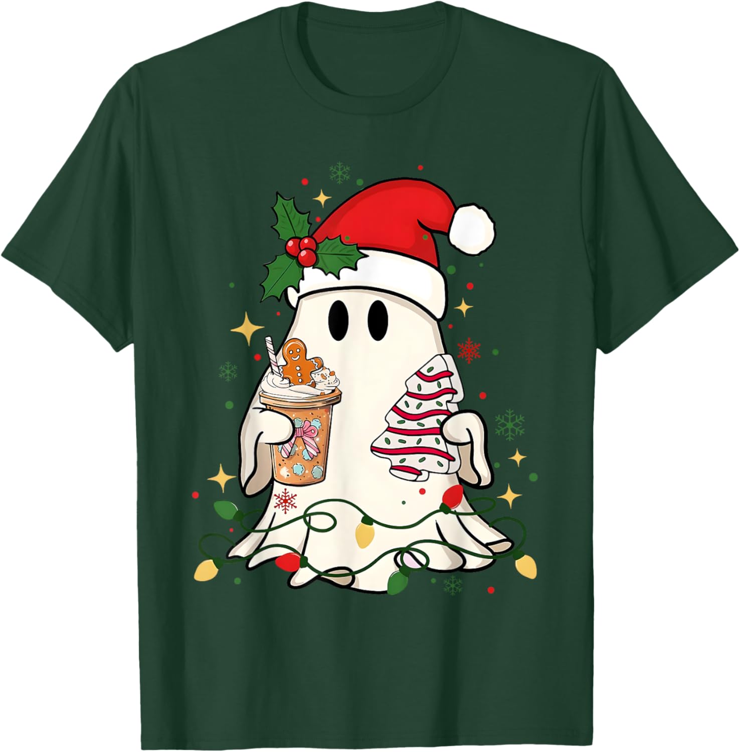 Cute Christmas Ghost Coffee Tree Cake Xmas Lights Boojee T-Shirt - T-Shirt | Forest
