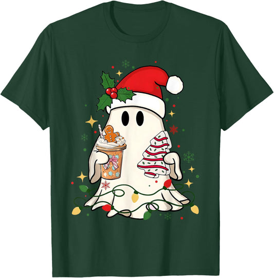 Cute Christmas Ghost Coffee Tree Cake Xmas Lights Boojee T-Shirt - T-Shirt | Forest
