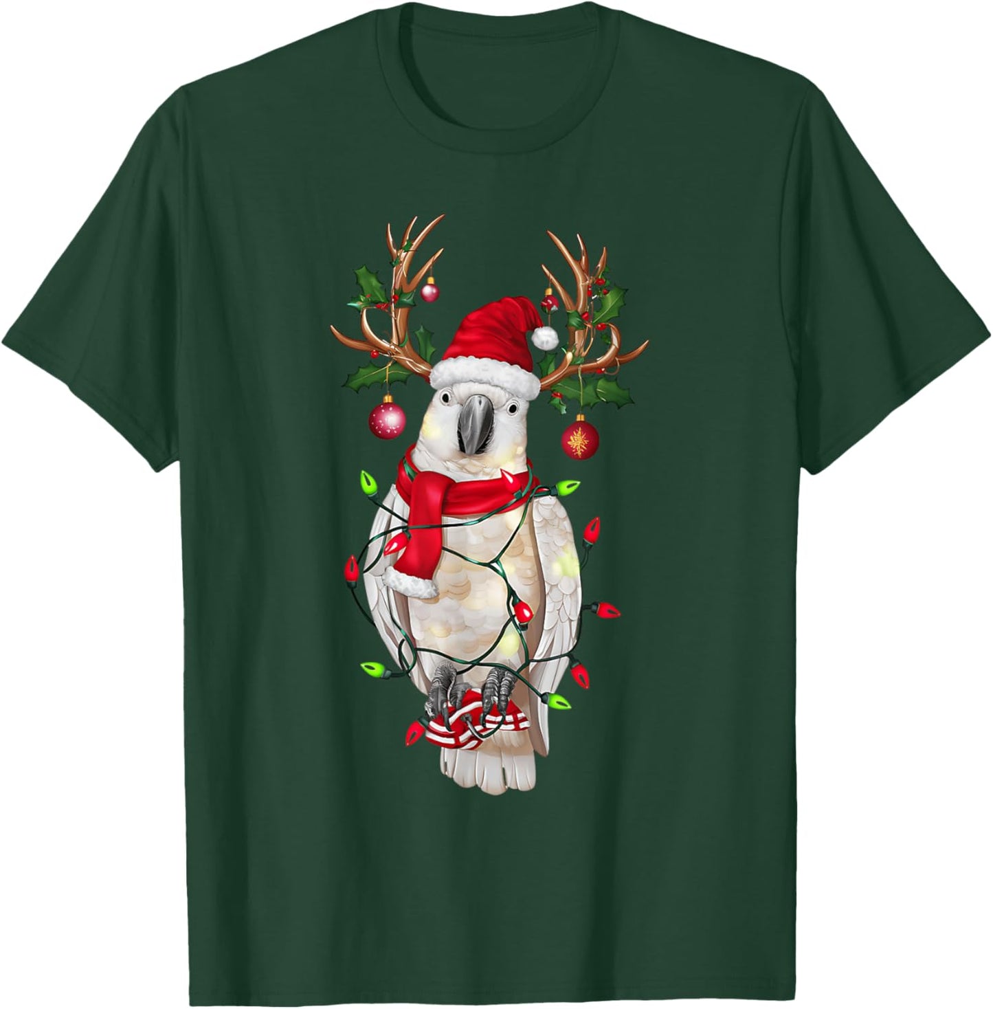 Funny Cockatoo Reindeer Christmas Tree Light Xmas - Black, -Adults & Kids, Short Sleeve, , Size Small T-Shirt - T-Shirt | Forest
