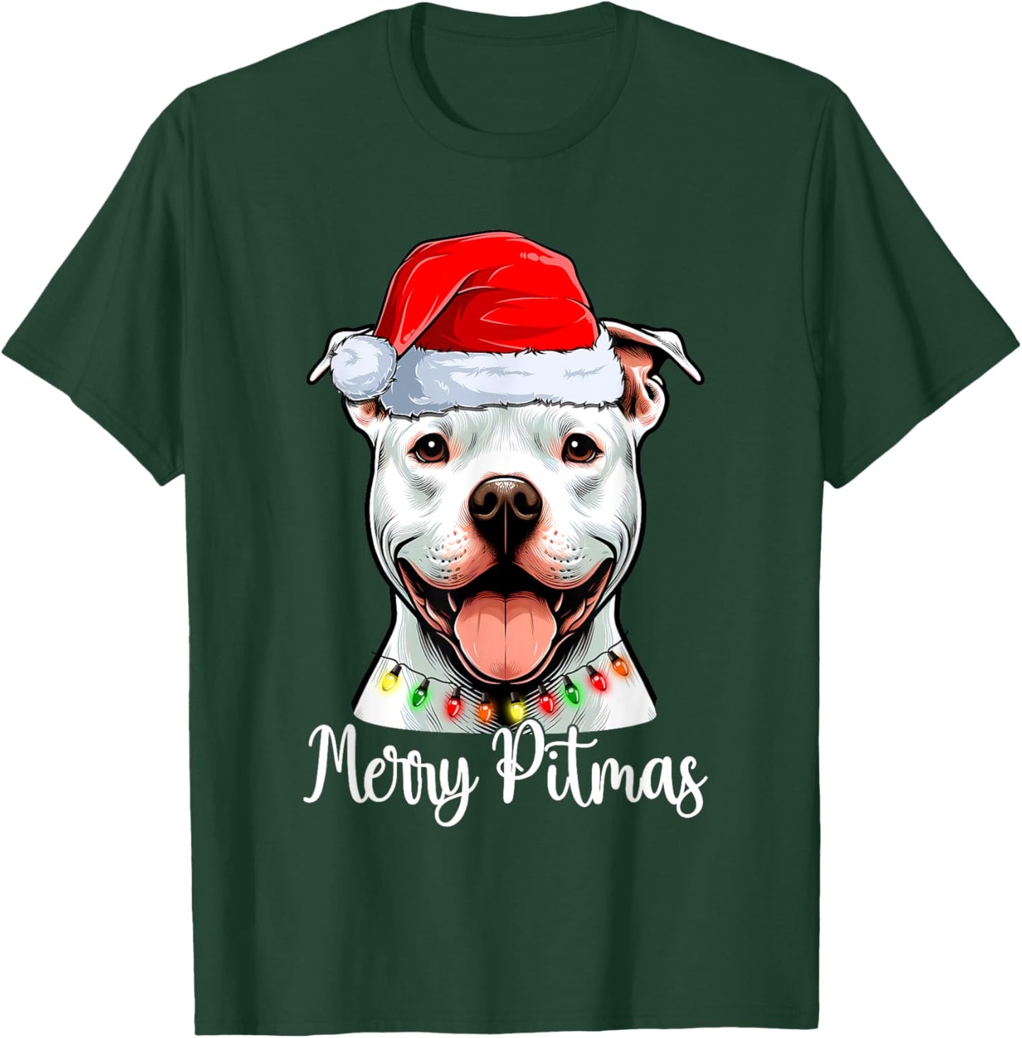 Pit Bull Santa Christmas Tree Lights Xmas Merry Pitmas T-Shirt - T-Shirt | Forest