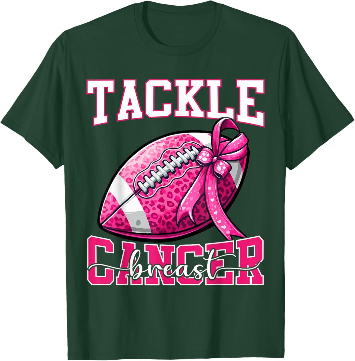 Tackle Breast Cancer Football Women Mom Bow Cancer Awareness T-Shirt - T-Shirt | Forest