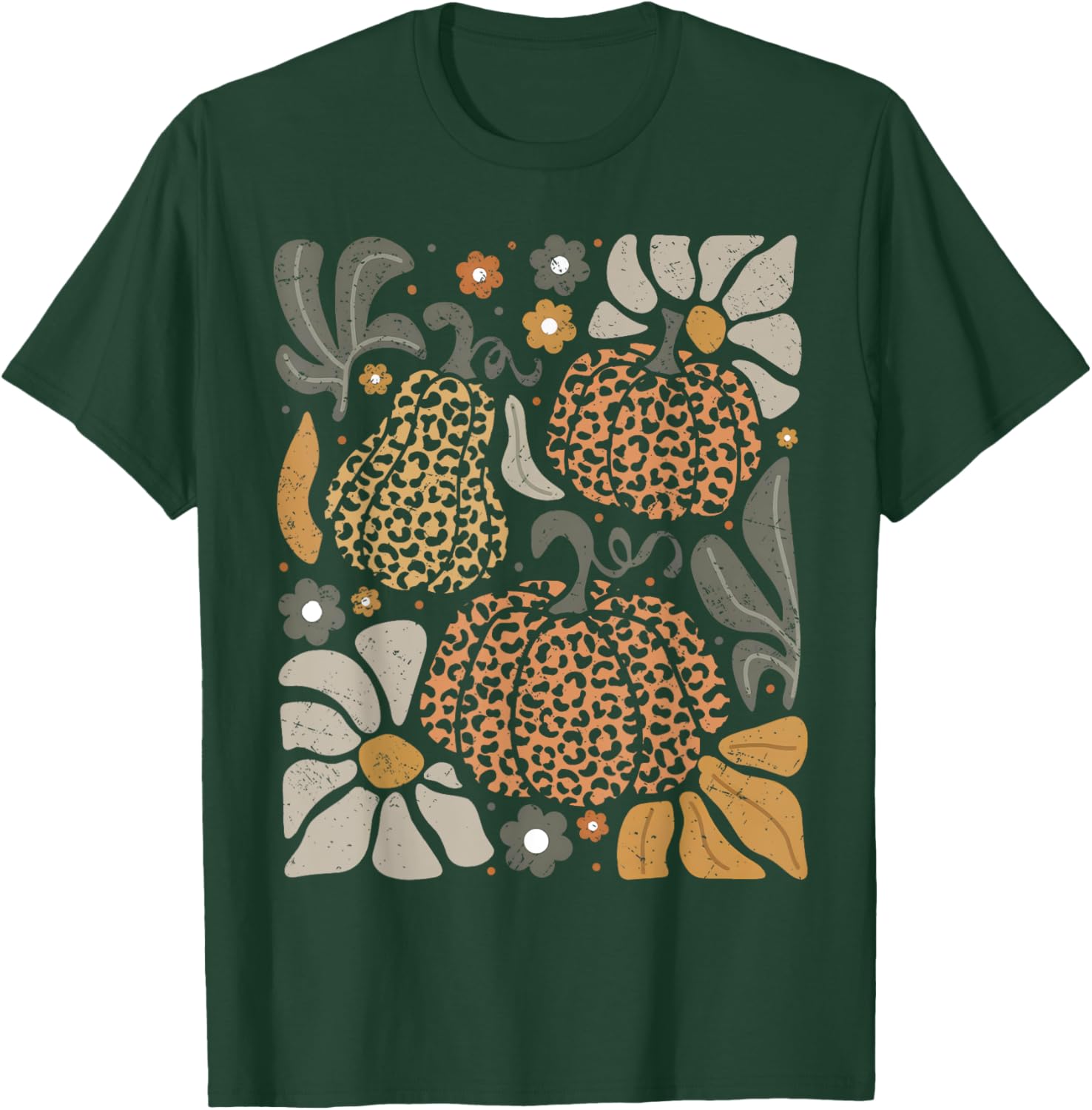 Leopard Pumpkin With Flowers Boho Floral Thanksgiving T-Shirt - T-Shirt | Forest