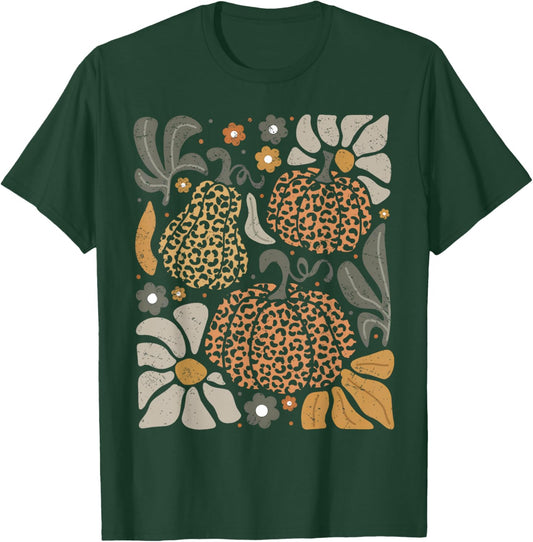Leopard Pumpkin With Flowers Boho Floral Thanksgiving T-Shirt - T-Shirt | Forest