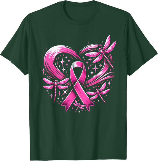Cute Breast Cancer Heart Dragonflies Awareness Women Men T-Shirt - T-Shirt | Forest