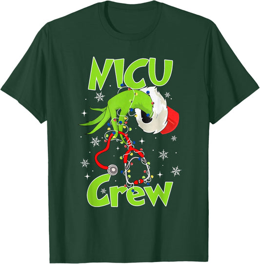 Nurse Christmas Stethoscope NICU Crew Xmas Lights Pajamas T-Shirt - T-Shirt | Forest