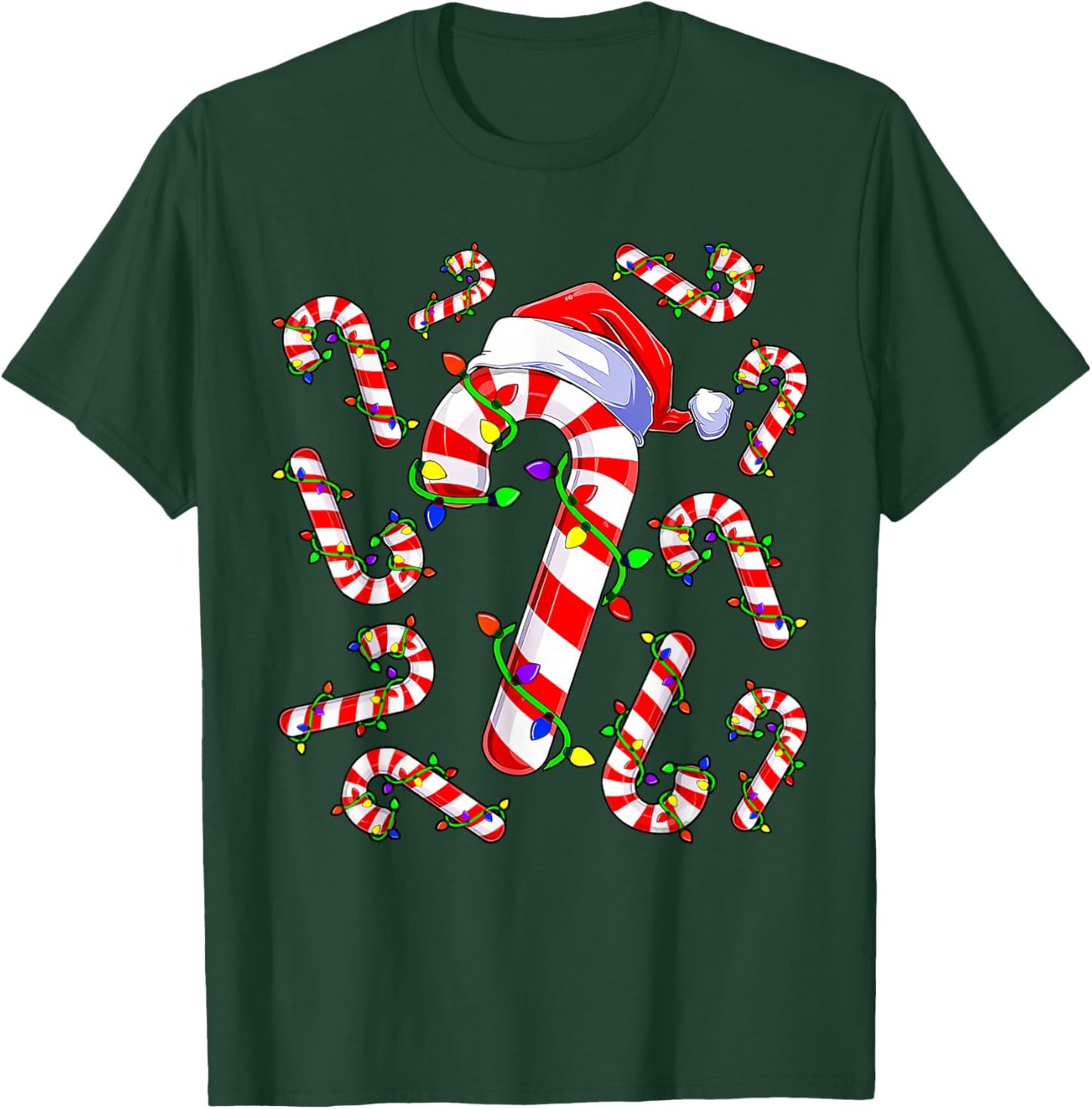 Red and White Christmas Candy Cane Santa Lights Christmas T-Shirt - T-Shirt | Forest