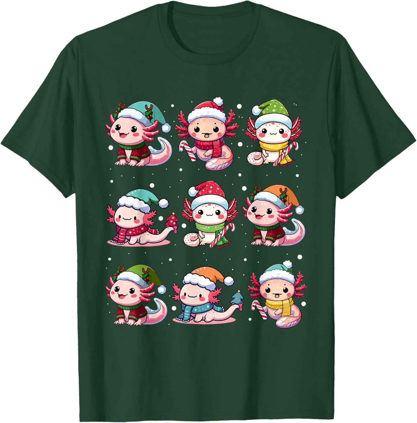 Cute Axolotl Santa Hat Xmas Lights Japanese Christmas Anime T-Shirt - T-Shirt | Forest