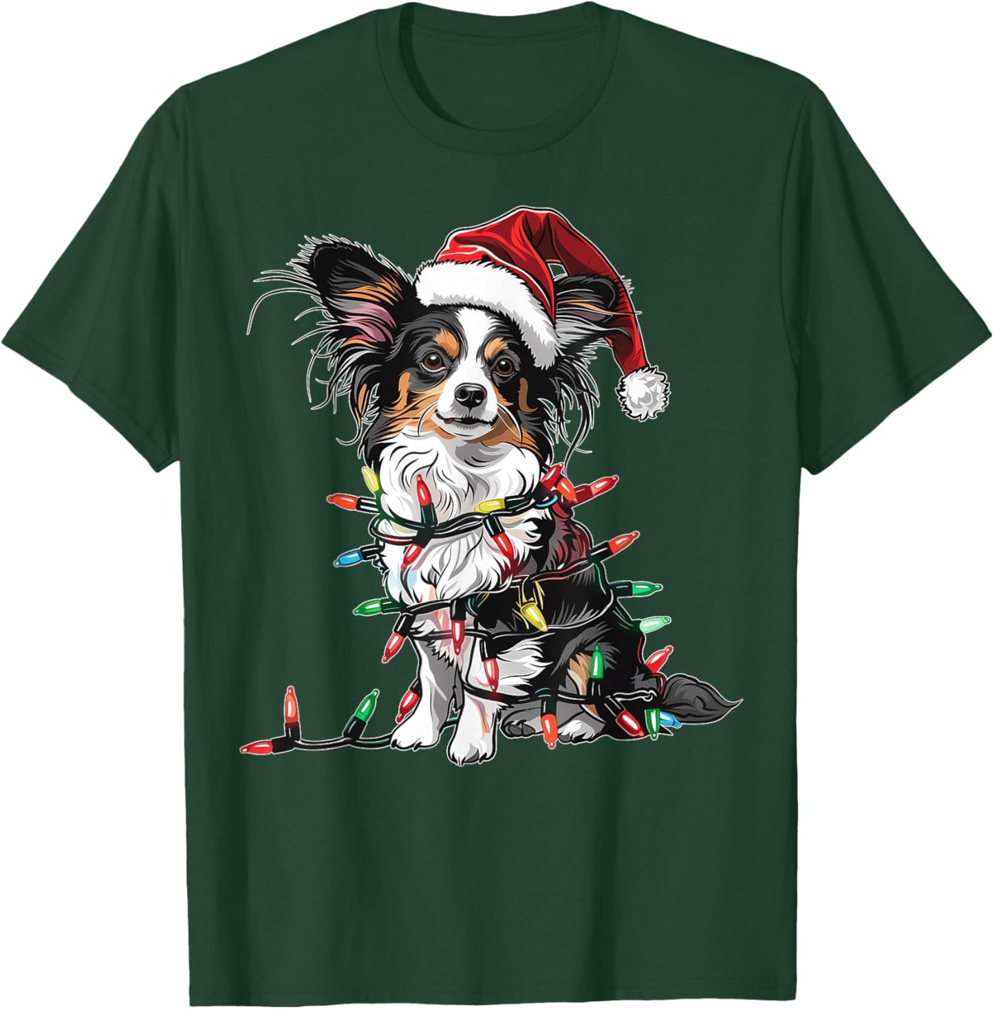 Cute Papillon Dog Christmas Hat Xmas T-Shirt - T-Shirt | Forest
