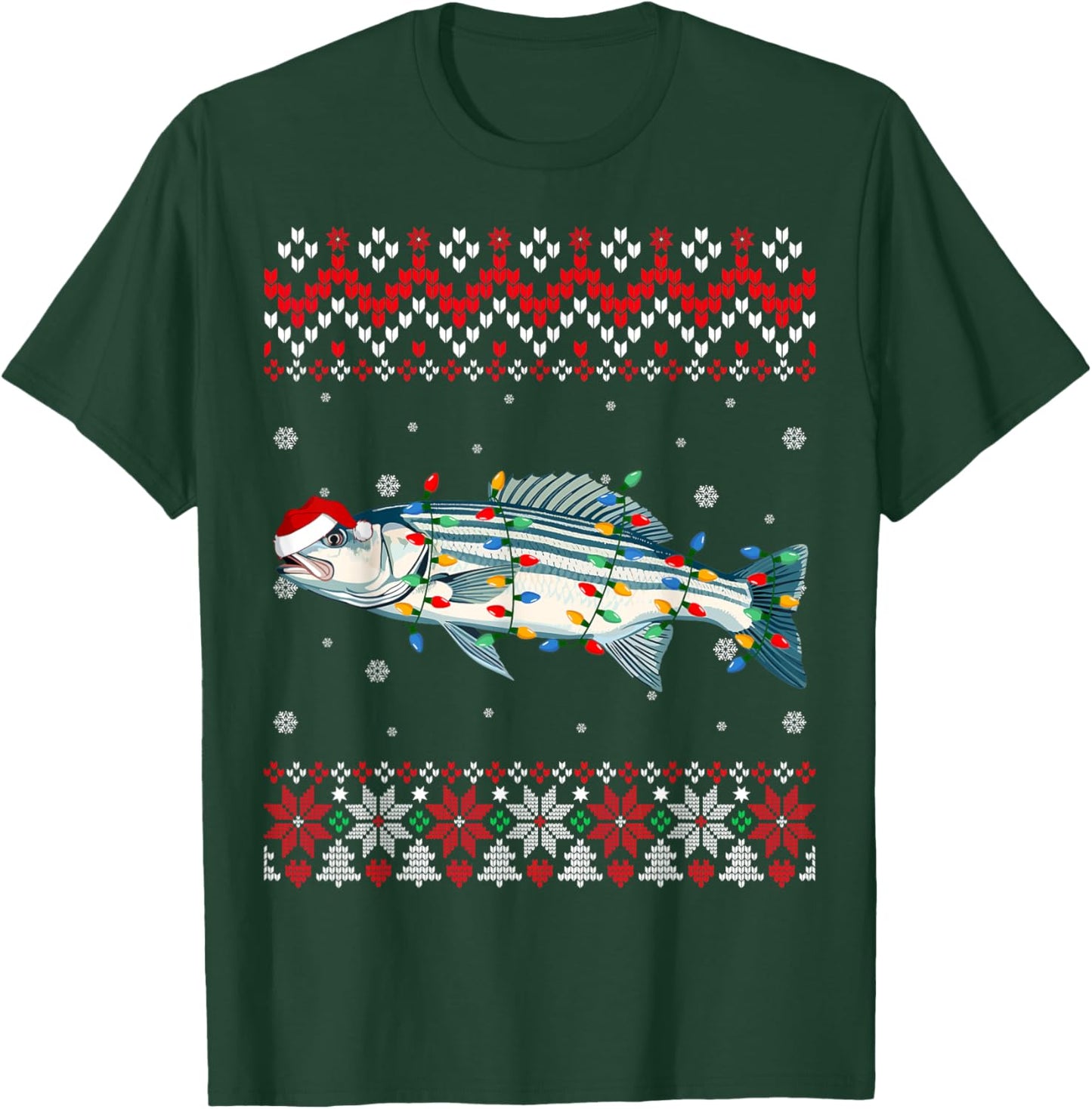 Striped Bass Fish Santa Hat Women Kids Ugly Christmas Light T-Shirt - T-Shirt | Forest