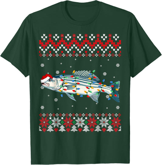 Striped Bass Fish Santa Hat Women Kids Ugly Christmas Light T-Shirt - T-Shirt | Forest