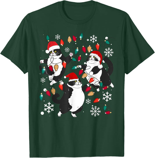 Tuxedo Cat Christmas Lights Meow Santa Xmas Pajama Cat Lover Women Kids T-Shirt - T-Shirt | Forest