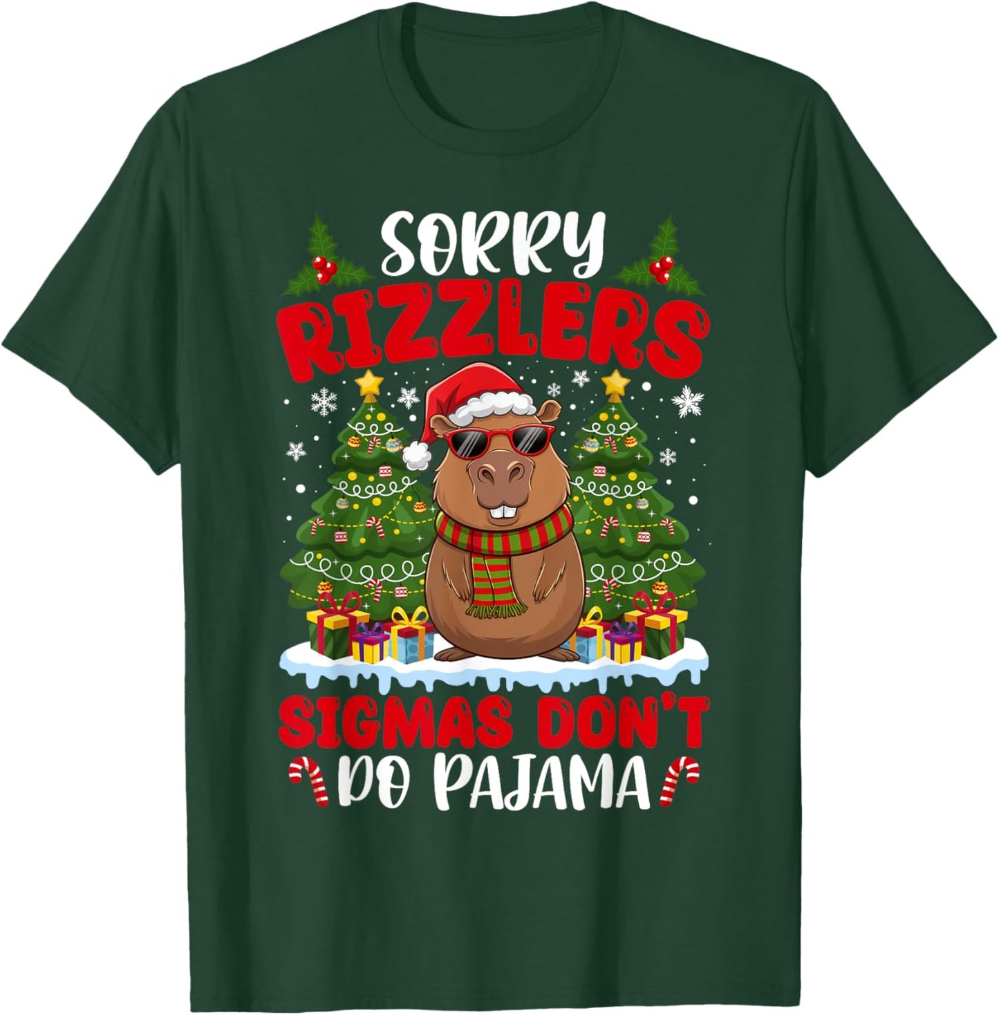Sigmas Don't Do Pajamas Funny Gen Alpha Christmas Capybara T-Shirt - T-Shirt | Forest