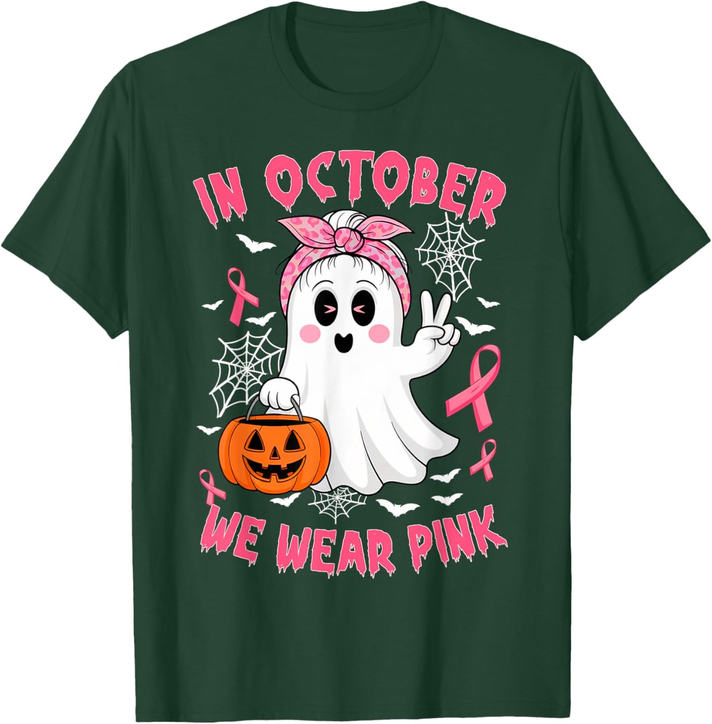 Breast Cancer Awareness In October We Wear Pink Cute Ghost T-Shirt - T-Shirt | Forest