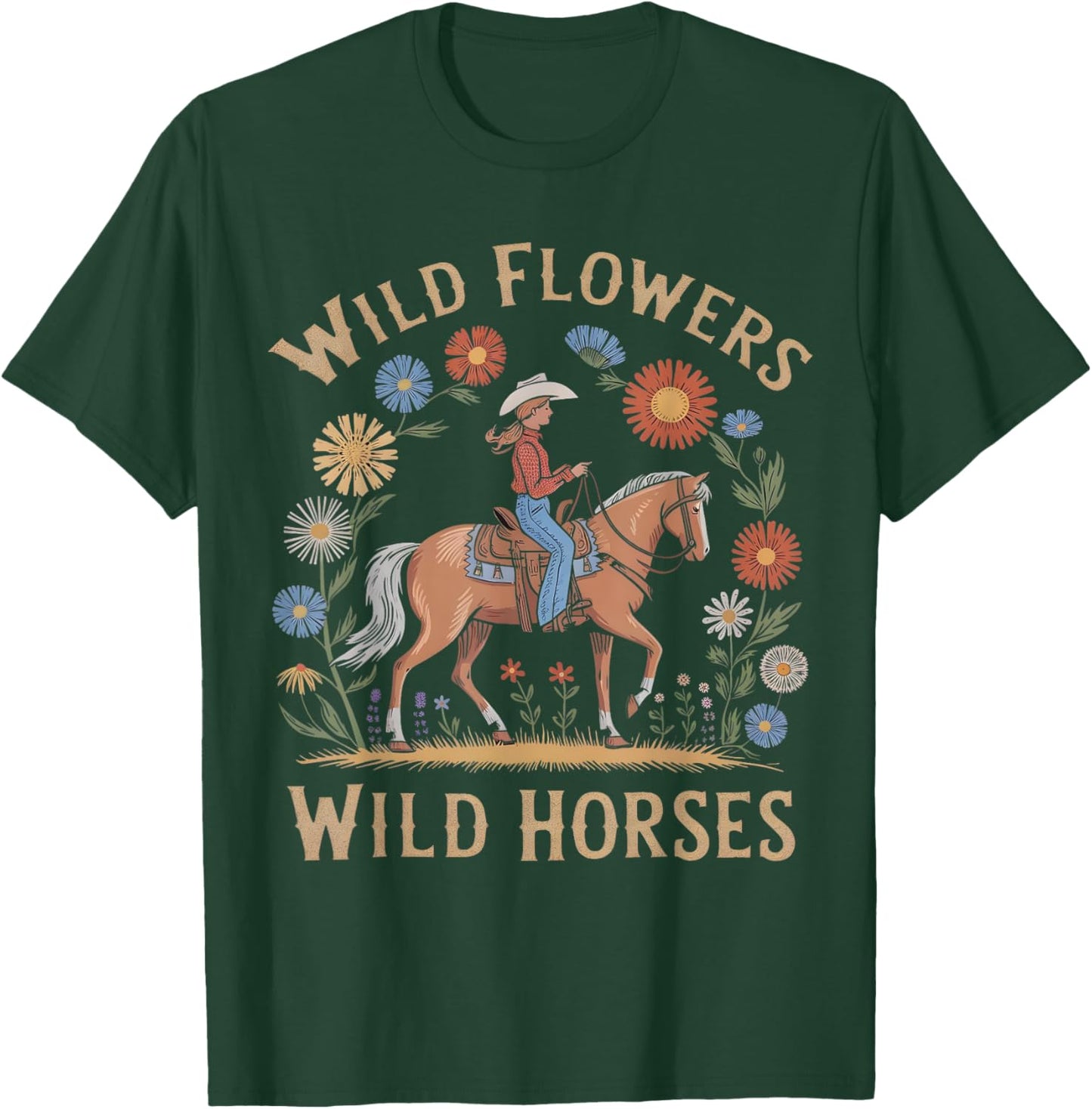 Retro Southern Sunset Wild Cowgirl Flowers - Wild Horses T-Shirt - T-Shirt | Forest