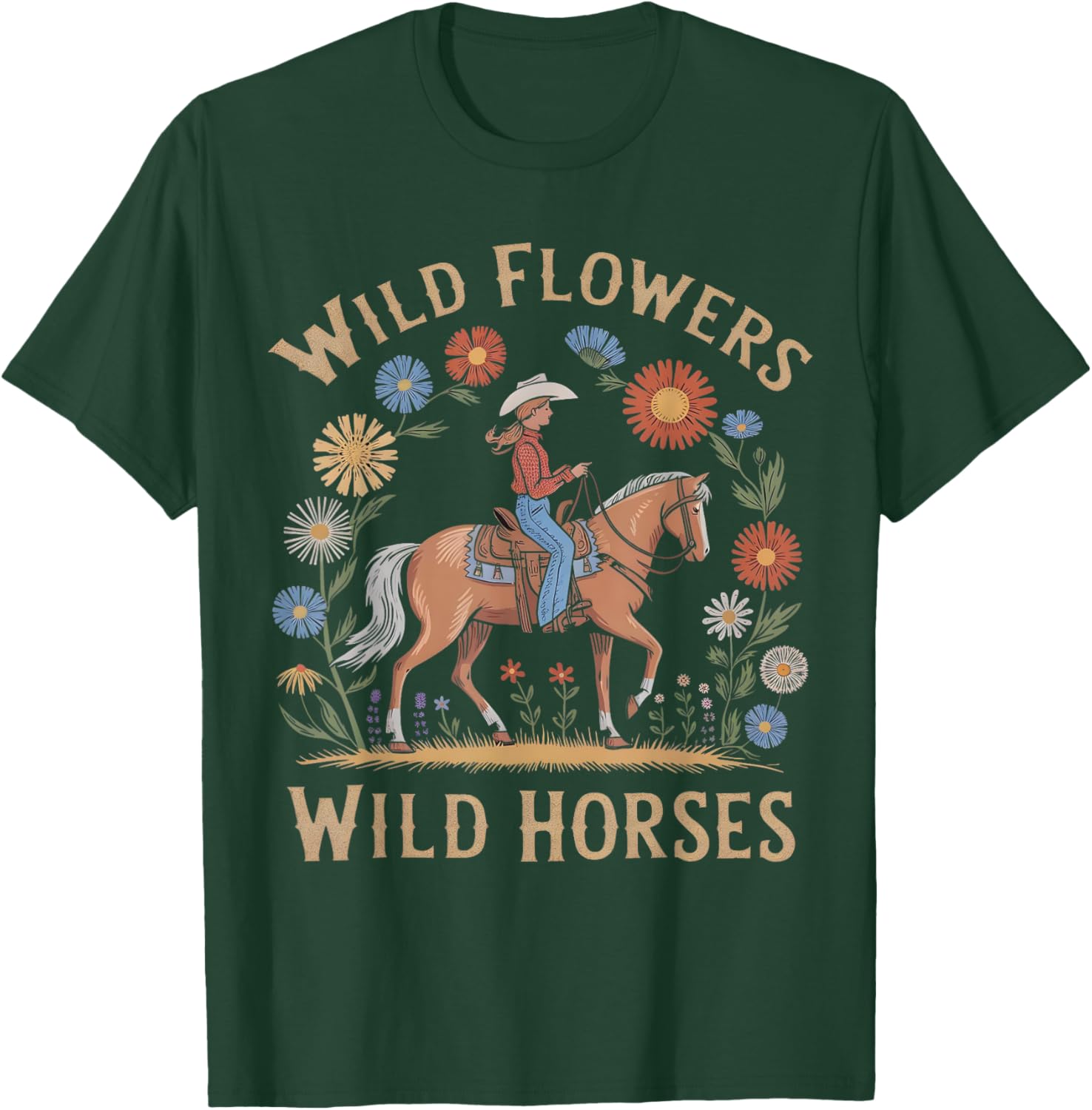 Retro Southern Sunset Wild Cowgirl Flowers - Wild Horses T-Shirt - T-Shirt | Forest