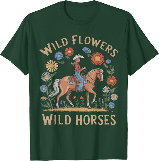 Retro Southern Sunset Wild Cowgirl Flowers - Wild Horses T-Shirt - T-Shirt | Forest