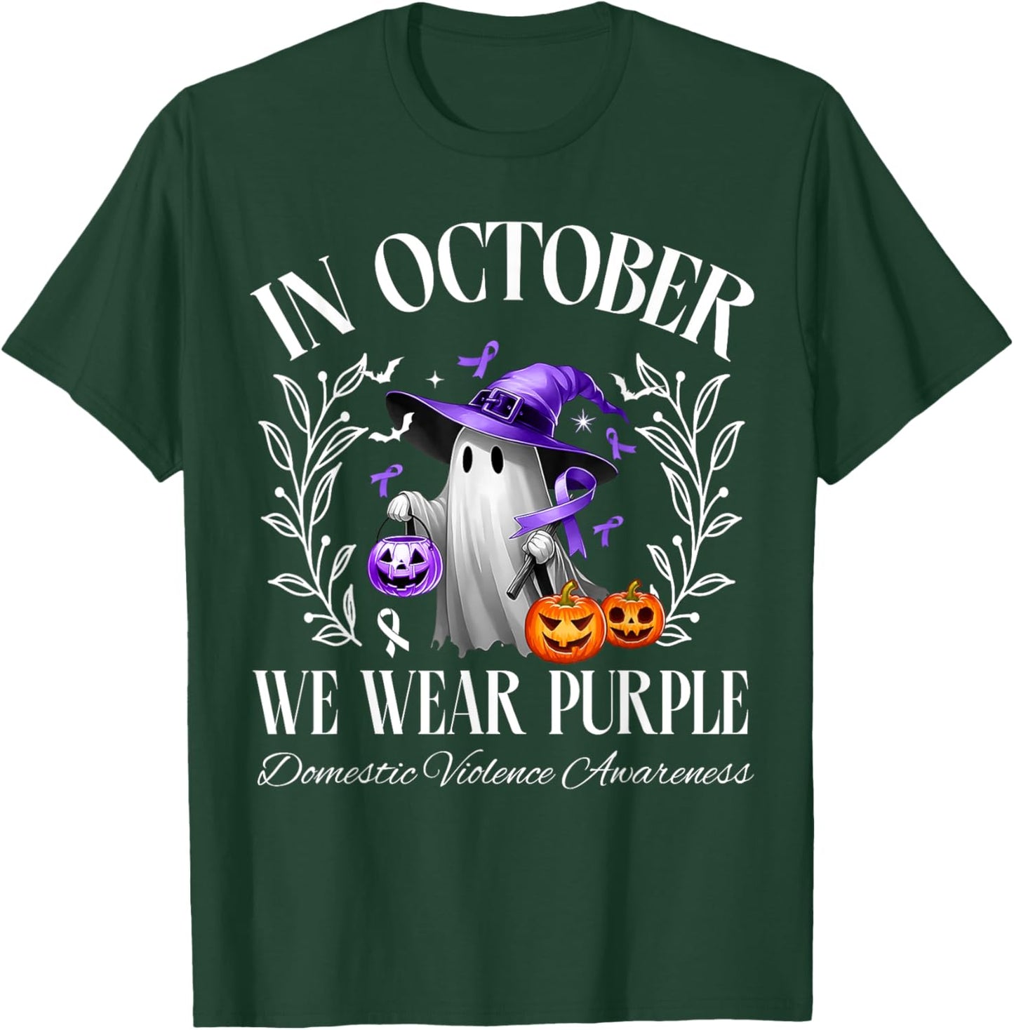In October We Wear Purple Domestic Violence Ghost Halloween T-Shirt - T-Shirt | Forest