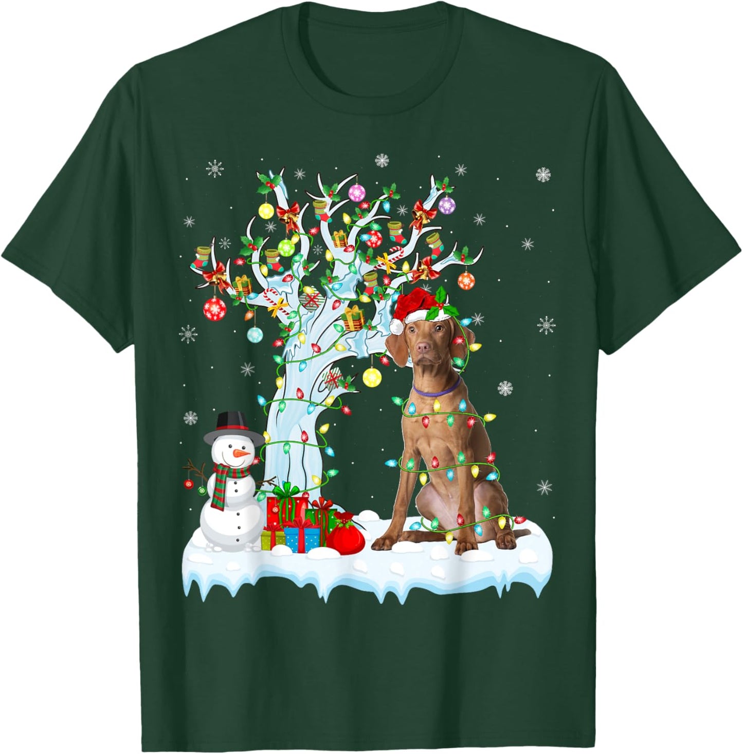 Vizsla Dog Xmas Lighting Tree Santa Hat Vizsla Christmas Men Women Kids T-Shirt - T-Shirt | Forest