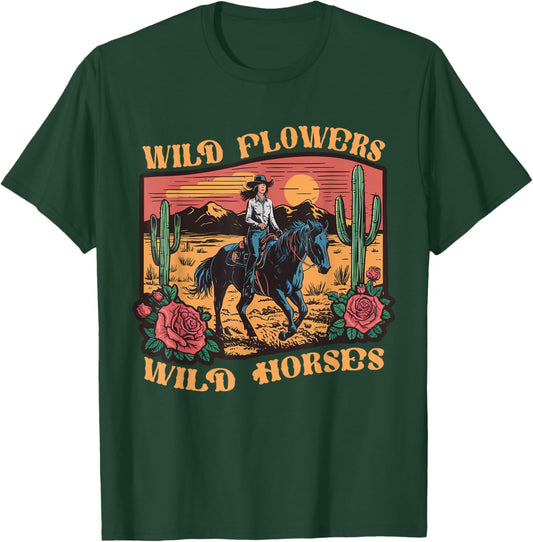 Vintage Sunset Cowgirl Riding Horse Wildflowers Women Girls T-Shirt - T-Shirt | Forest