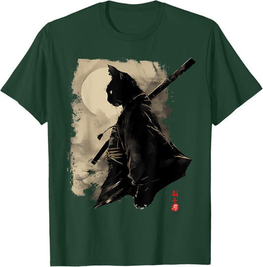Japanese Samurai Cat Vintage Graphic Cat Art T-Shirt - T-Shirt | Forest