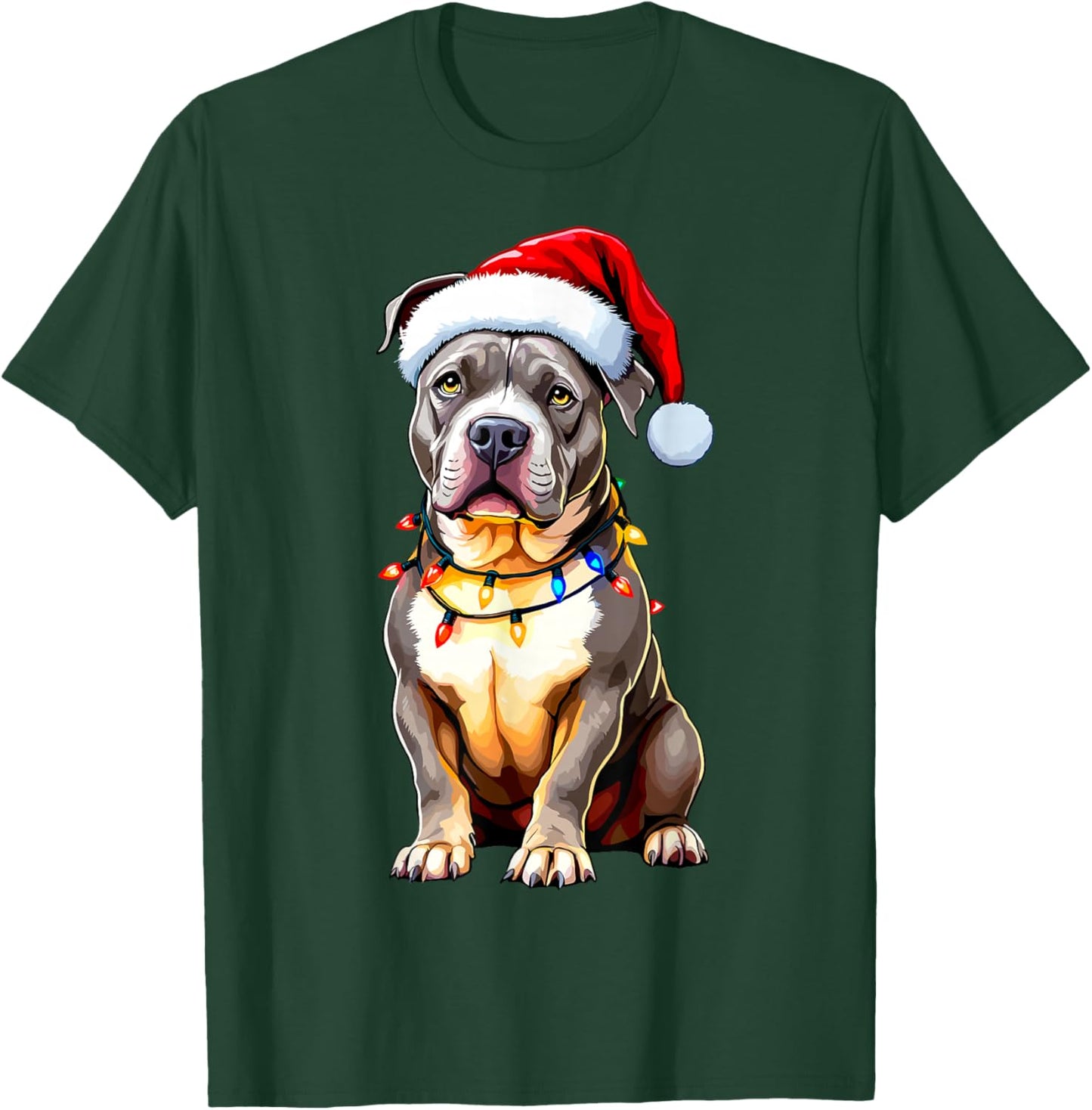 Funny Pitbull Pittie Santa Dog Lover Xmas Christmas Lights Women Kids T-Shirt - T-Shirt | Forest