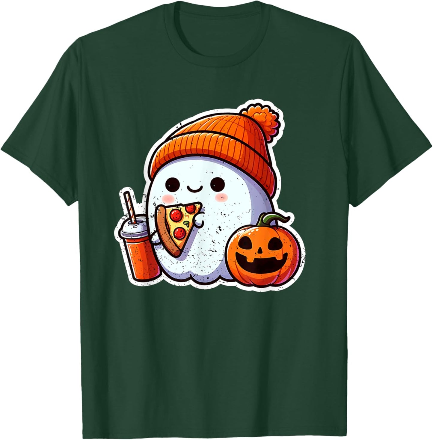 Halloween Ghost Coffee n Pizza Cute Costume Girl Kids Women T-Shirt - T-Shirt | Forest