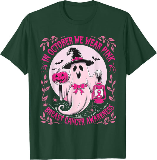 October We Wear Pink Ghost Halloween Pumpkins Breast Cancer T-Shirt - T-Shirt | Forest