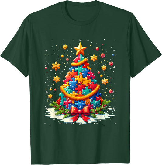Autism Christmas Tree Lights Xmas Cute Xmas Autism Awareness T-Shirt - T-Shirt | Forest