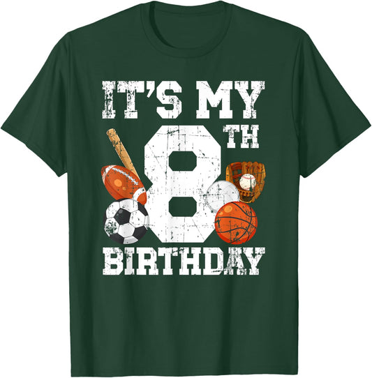 8th Birthday Sports Birthday Party Eight Year Old Boy Bday T-Shirt - T-Shirt | Forest