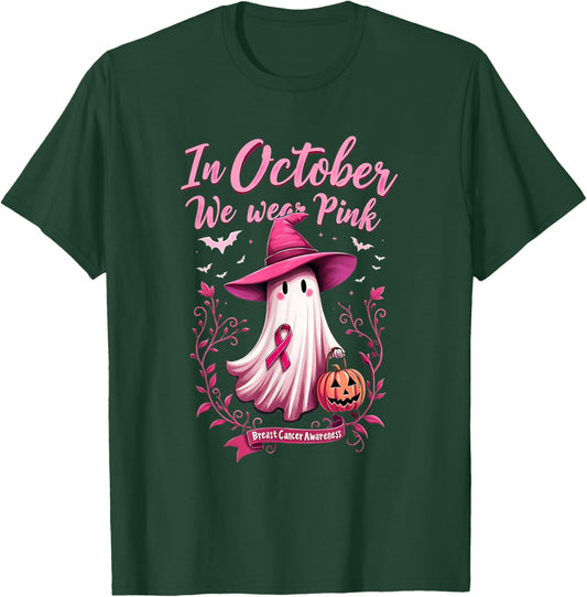 Cute We Wear Pink Ghost Witch Hat Breast Cancer Awareness T-Shirt - T-Shirt | Forest