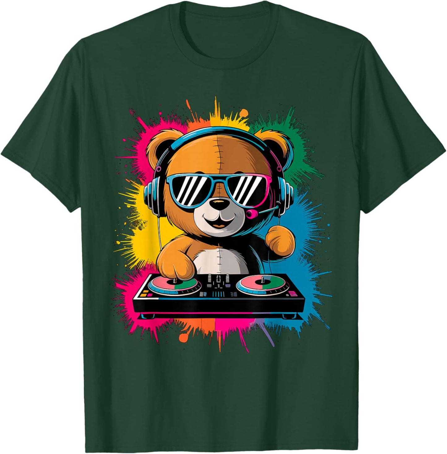 Magical and Funny DJ Gifts Colorful DJ Teddy Bear , Children's , Black, Small, Short Sleeve, Cotton Blend, Cartoon, Classic Fit, Imported T-Shirt - T-Shirt | Forest