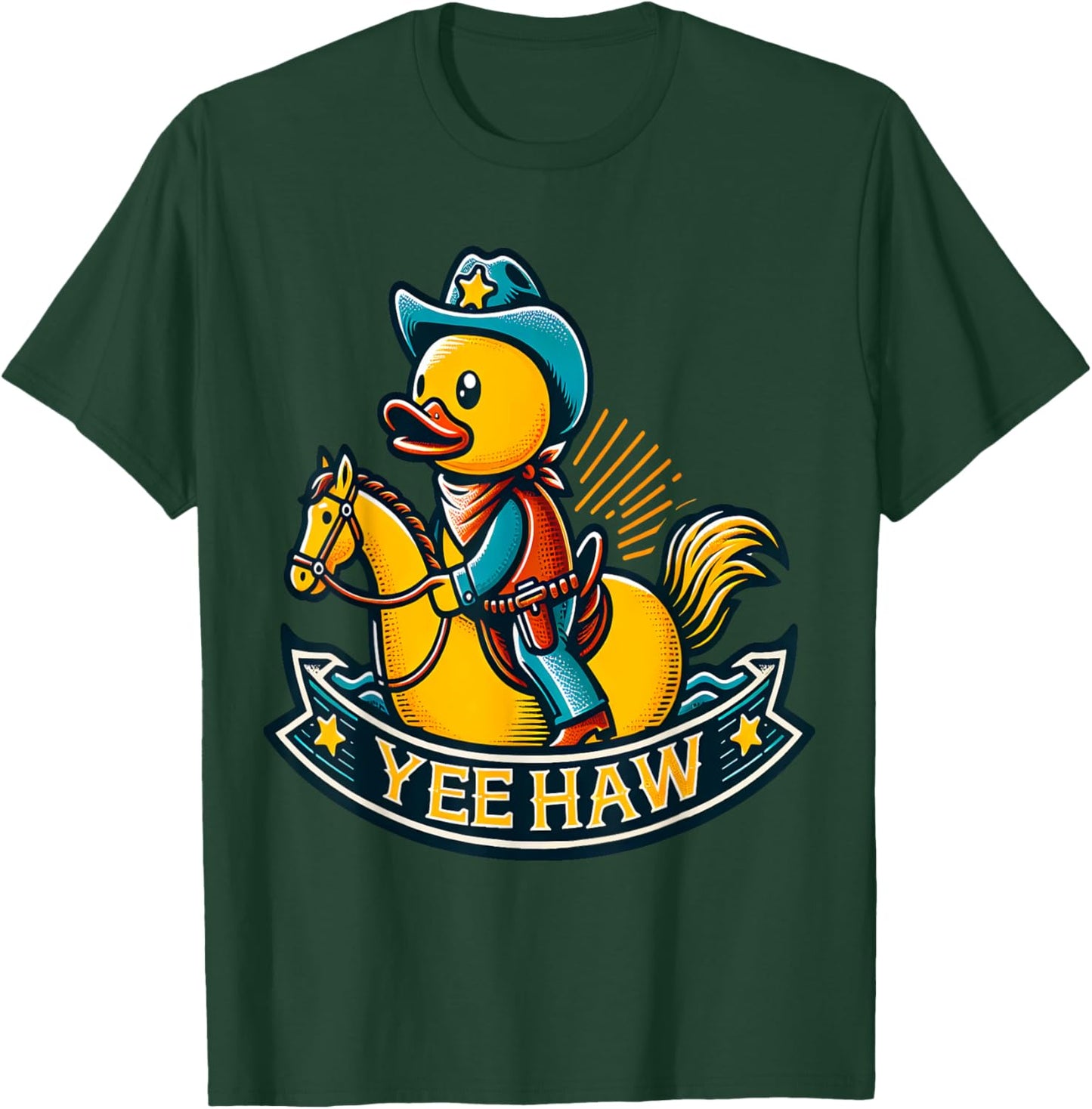 Cowboy Duck riding Horse Yeehaw Wild West Rubber Duck T-Shirt - T-Shirt | Forest